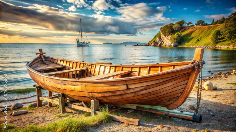 weathered wooden boat rests on the shore, cradled by the gentle lapping of waves The sun paints the sky in hues of gold and orange as a rustic wooden boat sits peacefully on the beach. weathered wooden boat rests on the shore, cradled by the gentle lapping of waves The sun paints the sky in hues of gold and orange as a rustic wooden boat sits peacefully on the beach.