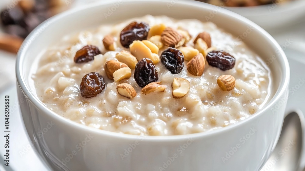 A close-up of kheer, a creamy rice pudding garnished with nuts and raisins, showcasing its rich texture and flavor.