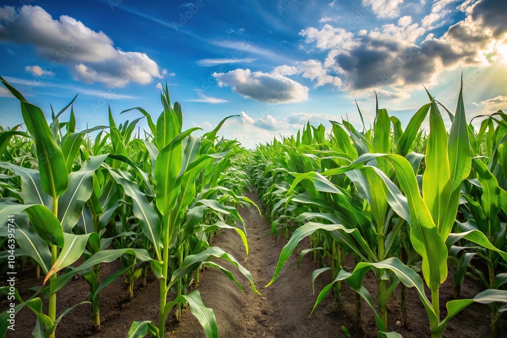 Green healthy corn crop growing uniformly in a spacious field Green healthy corn crop growing uniformly in a spacious field