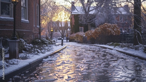 Icy sidewalk leading to building entrance, capturing winter s serene frosty beauty photo