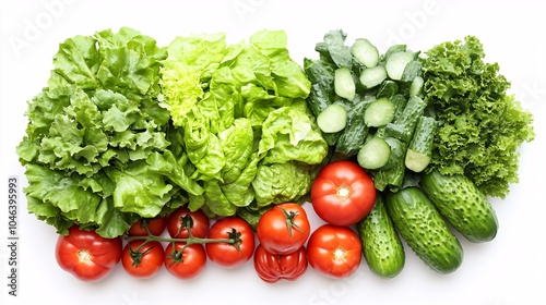 2410 112.A top-down view of an array of fresh vegetables, including vibrant green lettuce, ripe tomatoes, and cucumbers, arranged neatly on a white surface with copy space on the right, perfect for a