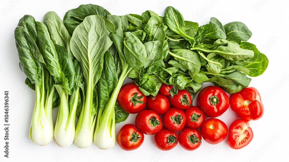 2410 117.A top-down view of various fresh salad ingredients like pak choi, bright red peppers, juicy tomatoes, and leafy rucola, all spread out on a clean white background, forming a balanced and 2410 117.A top-down view of various fresh salad ingredients like pak choi, bright red peppers, juicy tomatoes, and leafy rucola, all spread out on a clean white background, forming a balanced and