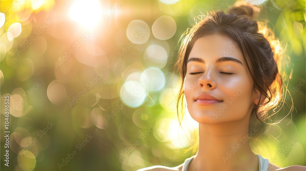Fototapeta premium Close-up of a young woman meditating in a park on International Yoga Day, her skin glowing with the morning sun, perfectly capturing the serene expression on her face 