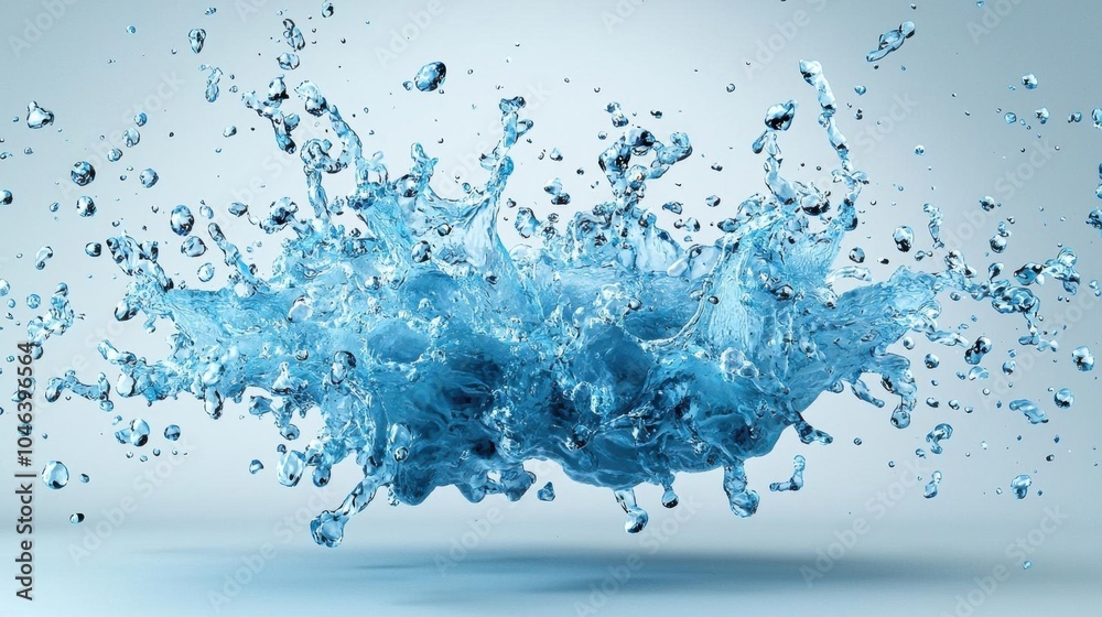 A photostock of blue water splashes against a white background, captured in motion to show fluidity and energy.