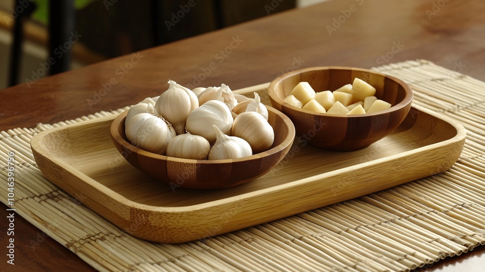 2410 10.A bamboo tray with a mix of whole garlic bulbs and peeled cloves artfully arranged, the cloves placed in a small wooden bowl on a bamboo placemat, highlighting the simple beauty of fresh