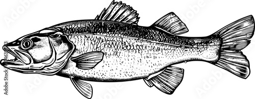 Detailed black and white illustration of a fish with fins, scales, and an open mouth.