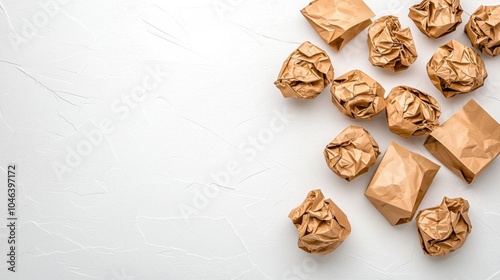 A photostock of crumpled brown paper bags on a white background, representing recycling or environmental themes.