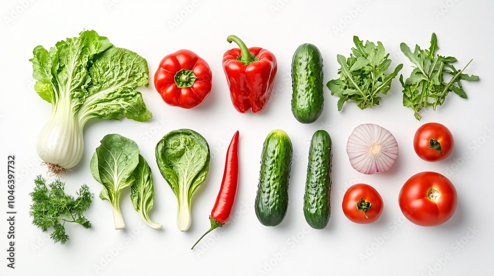 2410 116.A creative flat lay of fresh vegetables, including vibrant red peppers, crisp pak choi, onions, rucola, tomatoes, and cucumbers, arranged artistically against a white background, showcasing 2410 116.A creative flat lay of fresh vegetables, including vibrant red peppers, crisp pak choi, onions, rucola, tomatoes, and cucumbers, arranged artistically against a white background, showcasing