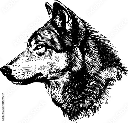 Black and white illustration of a wolf's head in profile.