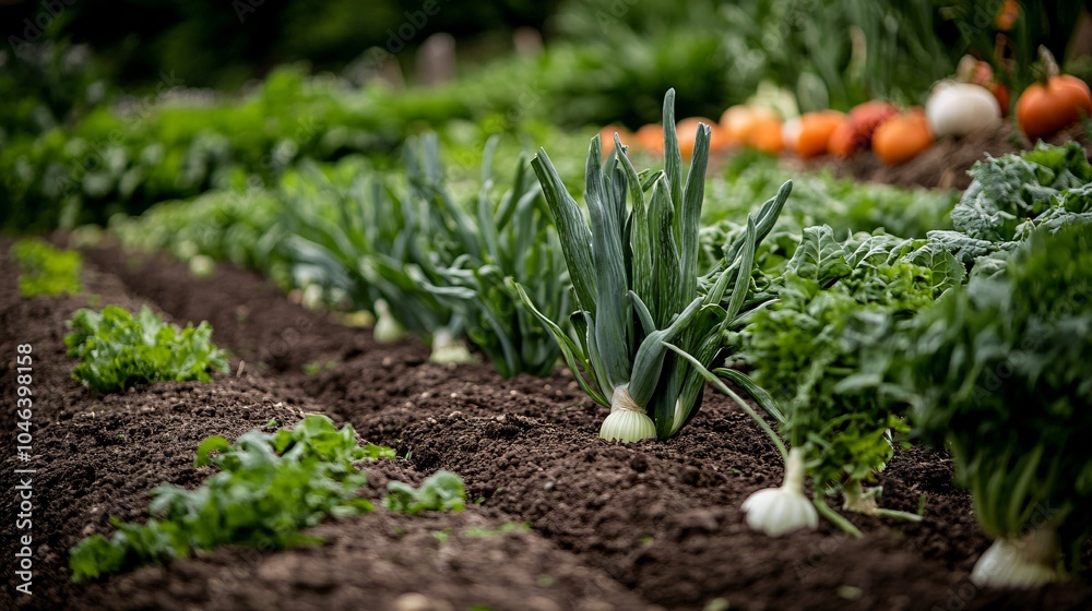 2410 125.A detailed shot of a farmhouse vegetable garden, with flourishing leeks surrounded by a variety of crops, including carrots, lettuce, and onions, all planted in rows, symbolizing the natural 2410 125.A detailed shot of a farmhouse vegetable garden, with flourishing leeks surrounded by a variety of crops, including carrots, lettuce, and onions, all planted in rows, symbolizing the natural