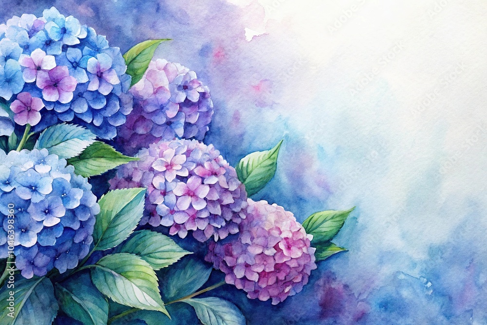custom made wallpaper toronto digitalFuzzy watercolor hydrangeas in shades of blue and purple against a pale aqua background, textured flowers, fuzzy watercolor hydrangeas, loose brushwork