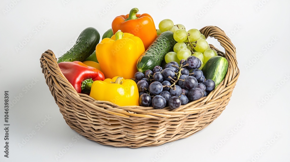 2410 87.A detailed shot of a wicker basket filled with a diverse assortment of fruits and vegetables, such as bell peppers, grapes, and cucumbers, neatly arranged and isolated on a clean white 2410 87.A detailed shot of a wicker basket filled with a diverse assortment of fruits and vegetables, such as bell peppers, grapes, and cucumbers, neatly arranged and isolated on a clean white