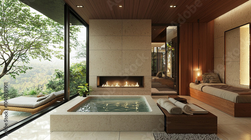 A luxurious spa room with a spacious soaking tub