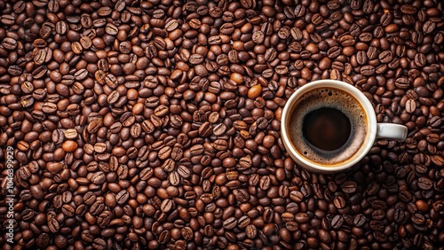 Fresh black coffee in a cup placed on top of roasted coffee beans