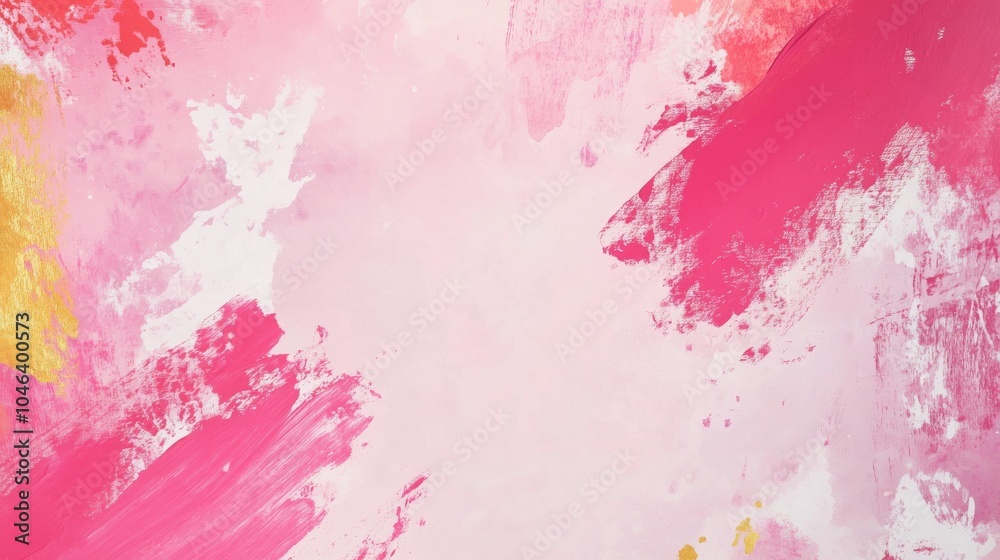 Obraz premium Photo of, Pink background with abstract paint strokes and splatters in gold accents for design, banner template