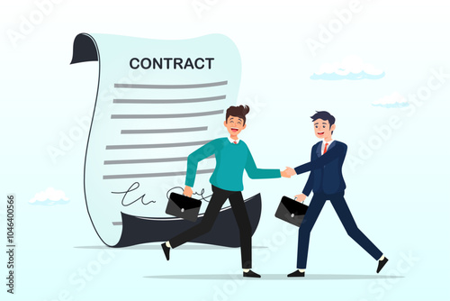 Businessman handshake with contract paper, employment contract agreement, corporate partnership document with signature, new employee signing contract, legal paperwork, recruitment document concept