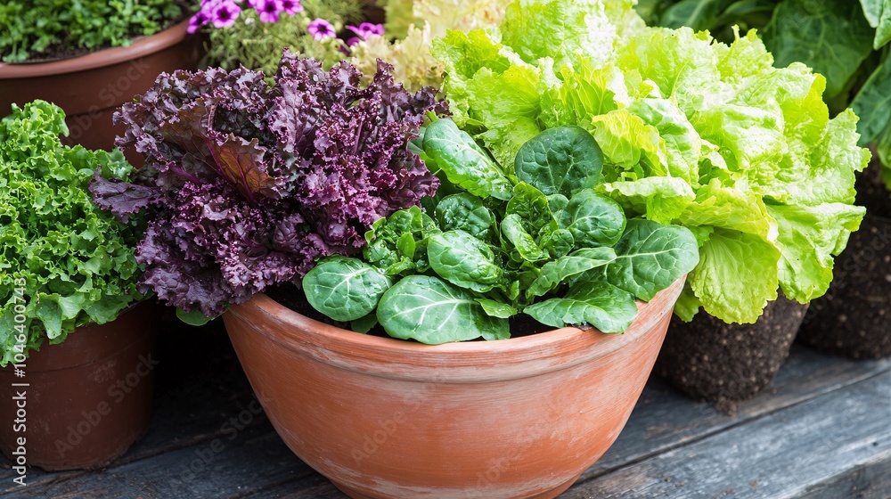 2410 48.A rich display of garden-fresh lettuce, green mustard, and a vibrant flower pot filled with Speedy Mix salad leaves, organically grown in a city vegetable garden plot, highlighting the beauty 2410 48.A rich display of garden-fresh lettuce, green mustard, and a vibrant flower pot filled with Speedy Mix salad leaves, organically grown in a city vegetable garden plot, highlighting the beauty