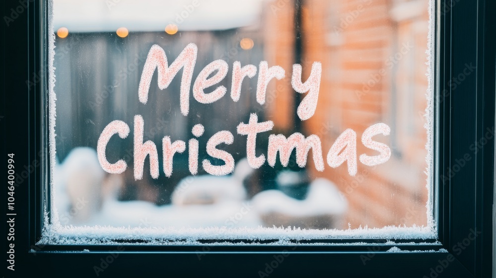 Festive greetings a winter wonderland scene with 'merry christmas' written on a snowy window pane