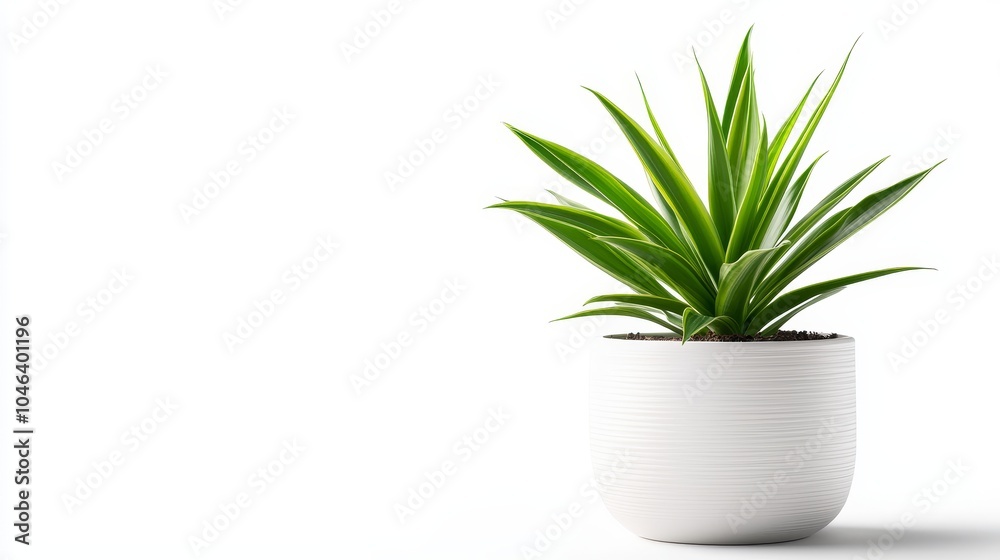 A green plant with tall, slender leaves in a plain white pot, perfectly isolated on a white background, crisp and fresh with soft light and shadows A green plant with tall, slender leaves in a plain white pot, perfectly isolated on a white background, crisp and fresh with soft light and shadows