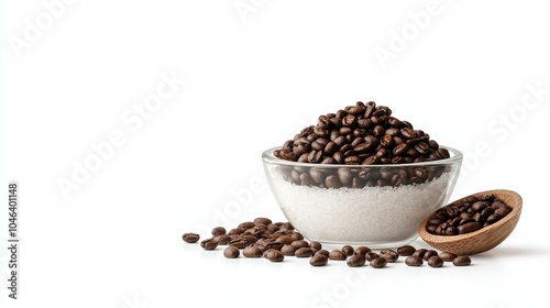 Coffee beans and homemade coffee scrub in a bowl, isolated on white background, perfect for beauty and skincare advertisements, minimal and organic design