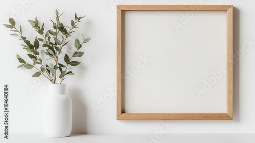 Simple wall art composition, wood picture frame and greenery in a white vase, clean lines and neutral color palette, perfect for branding or product showcase