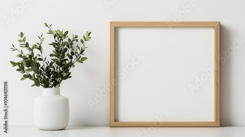 Simple wall art composition, wood picture frame and greenery in a white vase, clean lines and neutral color palette, perfect for branding or product showcase