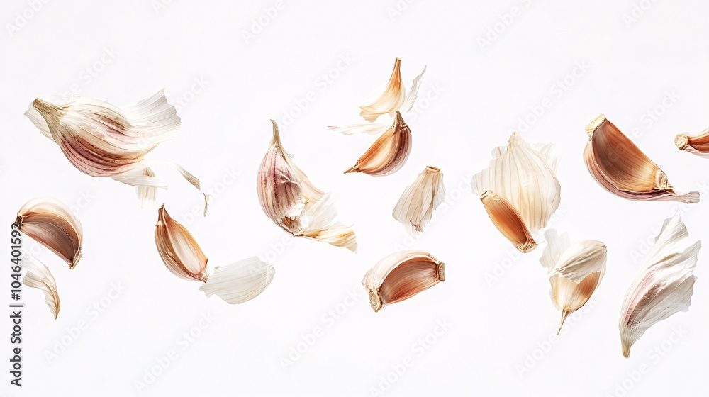 Obraz premium 2410 18.A series of garlic cloves and bulbs gently suspended in the air, each piece in various stages of peeling, isolated against a bright white background, creating a sense of motion and freshness.