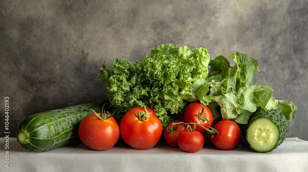2410 114.A simple yet elegant display of fresh vegetables, such as cucumbers, tomatoes, and leafy greens, arranged on a neutral background with plenty of copy space, perfect for promoting organic, 2410 114.A simple yet elegant display of fresh vegetables, such as cucumbers, tomatoes, and leafy greens, arranged on a neutral background with plenty of copy space, perfect for promoting organic,