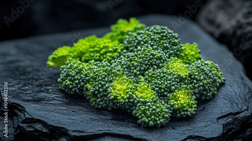 2410 59.A stunning macro shot of bright green broccoli florets, resting on a black stone table, with every detail of the tiny buds illuminated, reflecting the vegetable high vitamin content and its