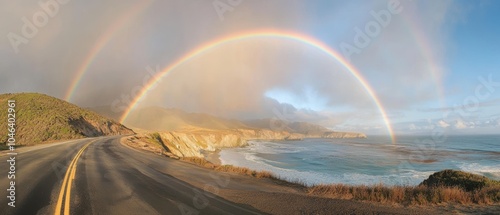 Rainbow arching over winding oceanside highway