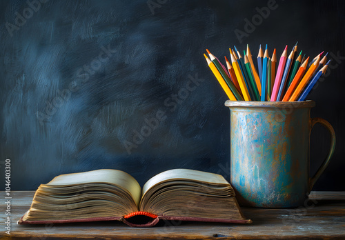 Open Book and Colorful Pencils on Blackboard Background