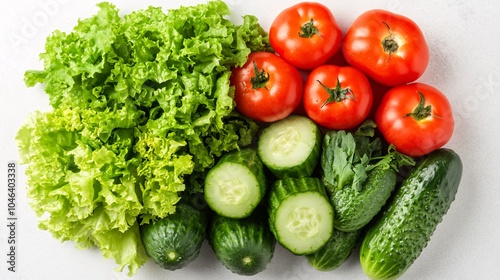 2410 112.A top-down view of an array of fresh vegetables, including vibrant green lettuce, ripe tomatoes, and cucumbers, arranged neatly on a white surface with copy space on the right, perfect for a