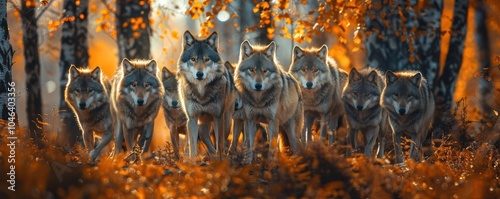 Pack of wolves hunting in an autumn forest, surrounded by orange leaves. Predatory gaze.