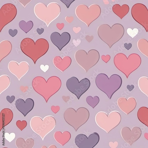 A seamless pattern of pink, purple, and red hearts on a light purple background