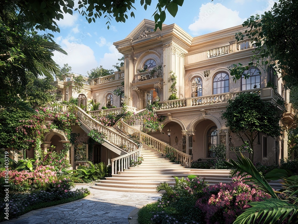Obraz premium Grand Mansion with Luxurious Staircase and Gardens