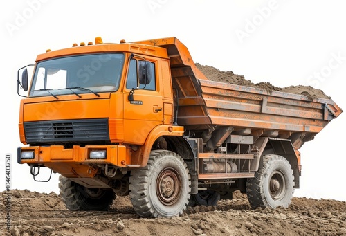 A dump truck is used for dumping sand in construction on a white background