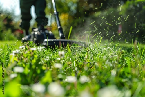 A gardener mowing grass with a trimmer in a high quality photo