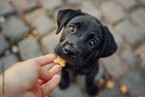 A gorgeous young black dog receives a treat for training Close up portrait photo