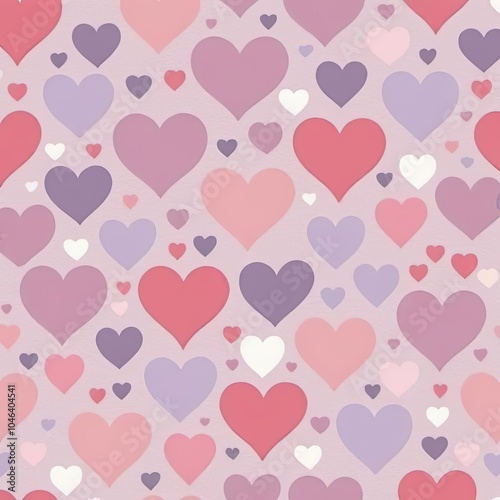 A pink background is filled with various shades of pink, purple, and white hearts of different sizes