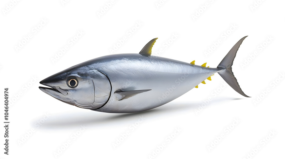 Realistic depiction of bluefin tuna, showcasing its sleek, streamlined body and vibrant colors. This fish is known for its speed and strength, making it prized catch in fishing Realistic depiction of bluefin tuna, showcasing its sleek, streamlined body and vibrant colors. This fish is known for its speed and strength, making it prized catch in fishing