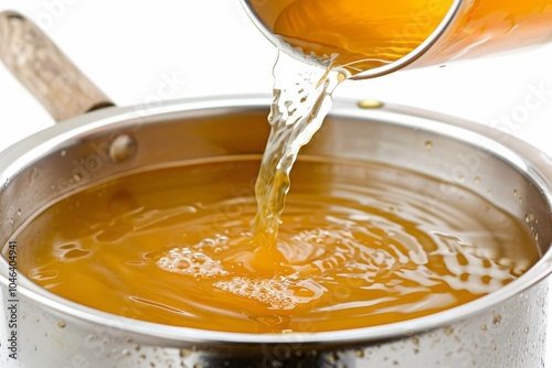 Add clear broth to pot on white surface