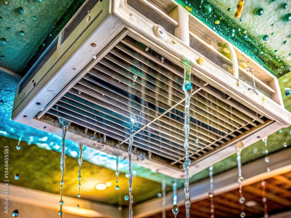 Aerial View of Air Conditioner Leak with Water Drops on Grille, Mold on