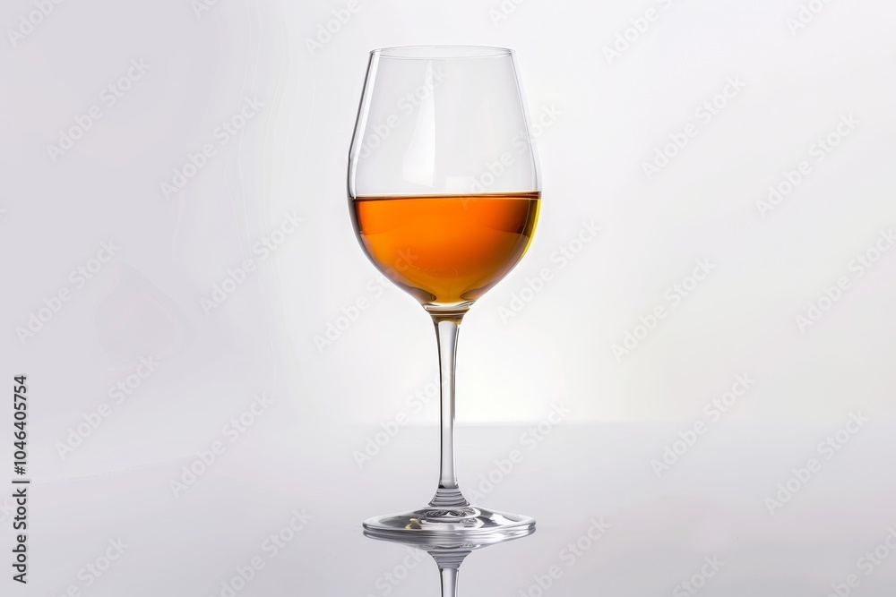 Amber wine or sherry in an elegant glass on white background with reflection Amber wine or sherry in an elegant glass on white background with reflection