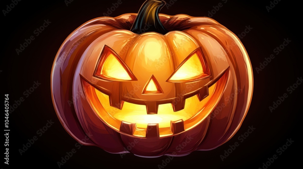 A detailed close-up of a sinister jack-o-lantern with flickering candlelight on Halloween night.