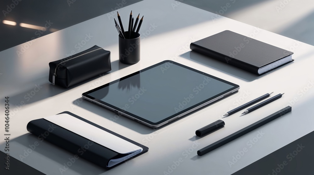 Minimalist Workspace Featuring Digital Tablet and Modern Office Supplies on Sleek Desk Surface Minimalist Workspace Featuring Digital Tablet and Modern Office Supplies on Sleek Desk Surface