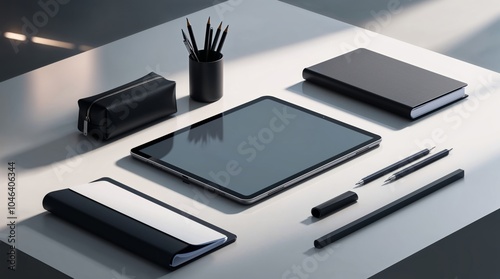 Minimalist Workspace Featuring Digital Tablet and Modern Office Supplies on Sleek Desk Surface photo