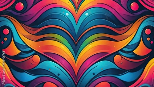 A colorful abstract design featuring a variety of curved lines and shapes, reminiscent of a wave pattern