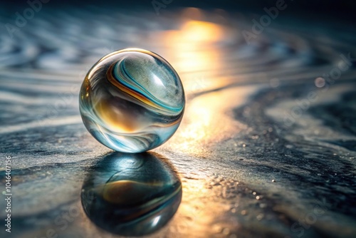 Close-up of a single marble ball sitting on a dark gray marble background, surrounded by tiny ripples and reflections, smooth surface, decorative accent, glossy finish, inanimate objects photo