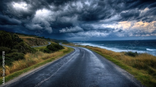 Dramatic storm clouds gathering over sea road