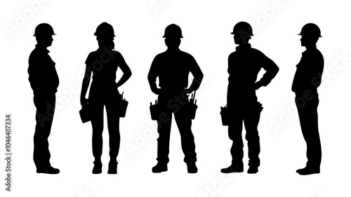 ヘルメットを被った男女の作業員　全身シルエットイラストアイコン